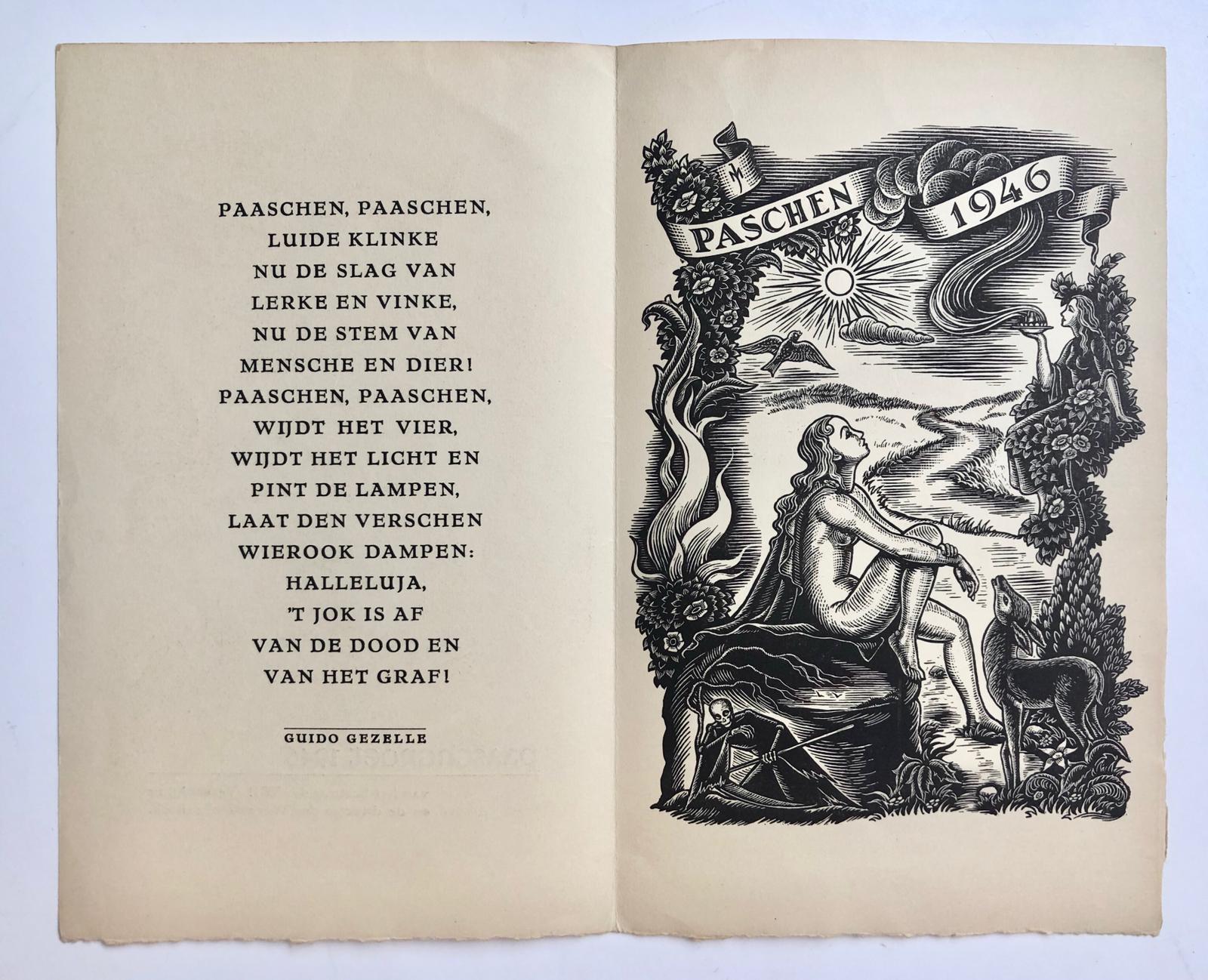 [Printed card, easter, pasen, 1946] Paaschgroet 1946 van W.B. Vereeniging, met reproductie van tekening door J. Maas. Gedrukt.