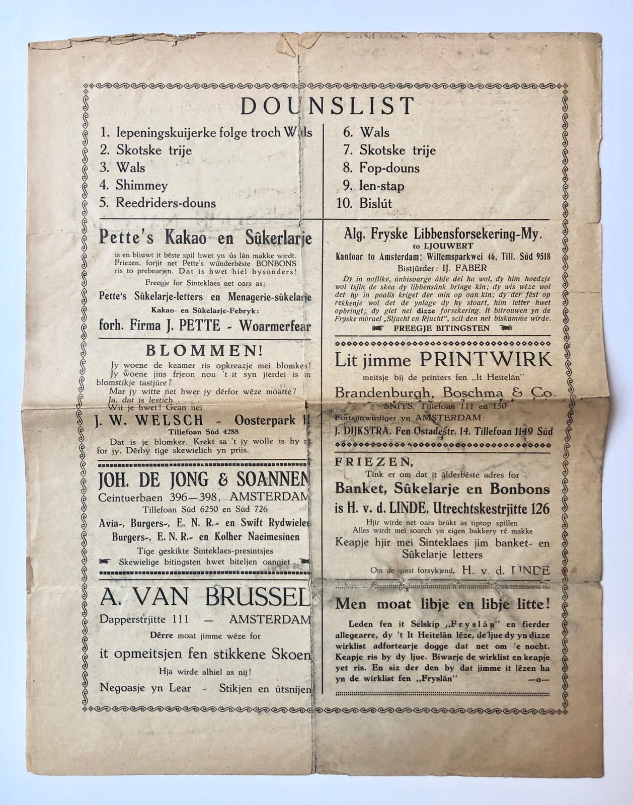 [Printed documents in Frysian language, Friesland, Friese taal, 1924] Selskip Fryslan to Amsterdam. Drie brochures voor bijeenkomsten 20-1-1924, 5-11-1922 en 21-1-1923. Gedrukt.