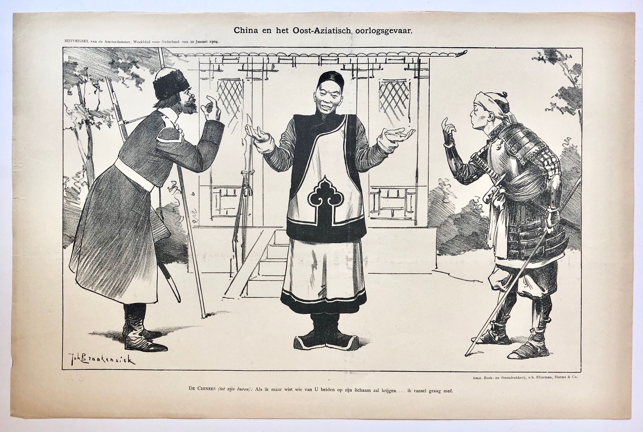 Braakensiek, Johan (1858-1940) - [Original lithograph/lithografie by Johan Braakensiek] China en het Oost-Aziatisch oorlogsgevaar, 10 Januari 1904, 1 pp.
