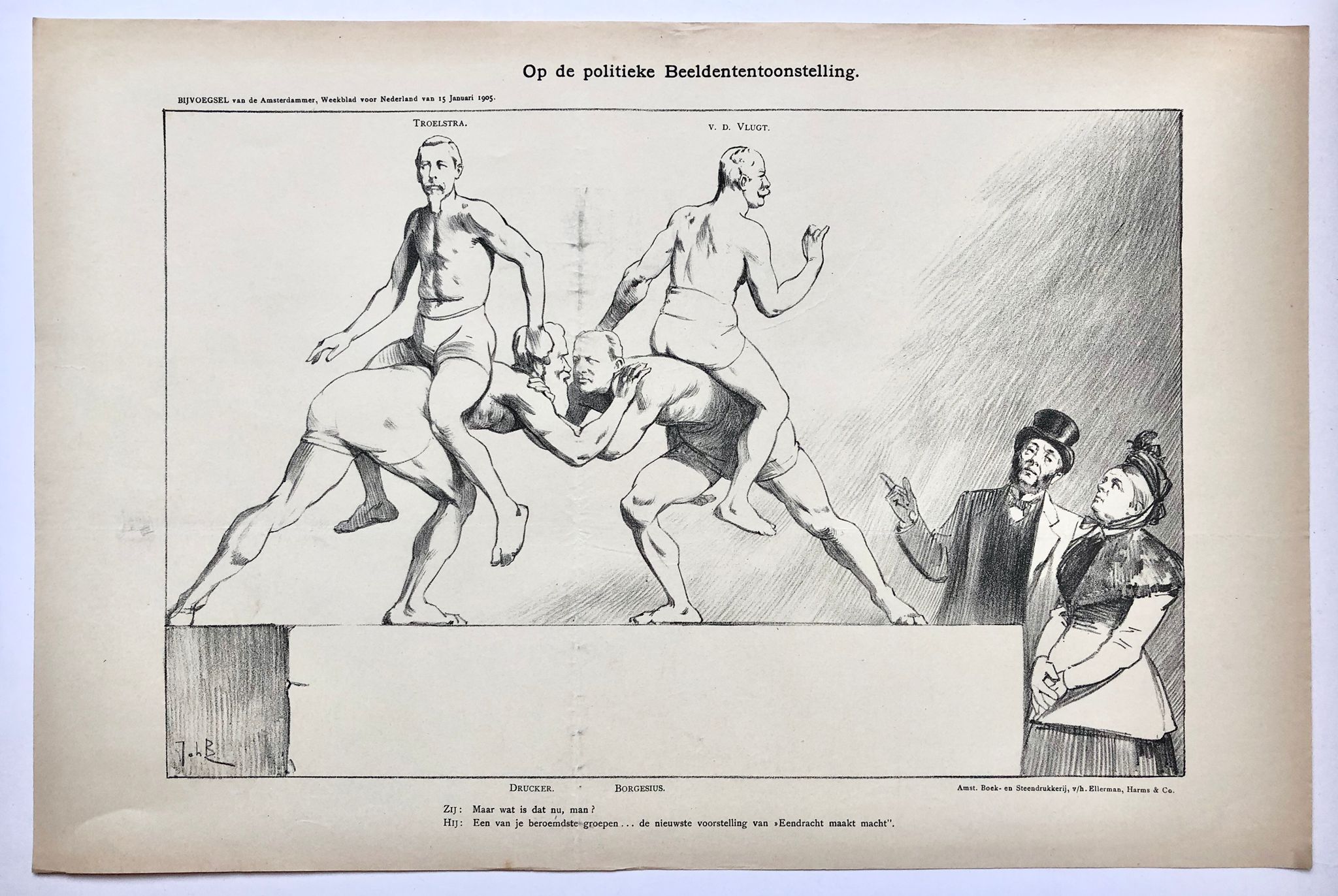 Braakensiek, Johan (1858-1940) - [Original lithograph/lithografie by Johan Braakensiek] Op de politieke Beeldententoonstelling, 15 Januari 1905, 1 pp.