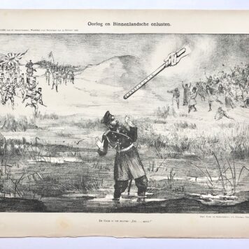 [Original lithograph/lithografie by Johan Braakensiek] Oorlog en Binnenlandsche onlusten, 12 Februari 1905, 1 pp.