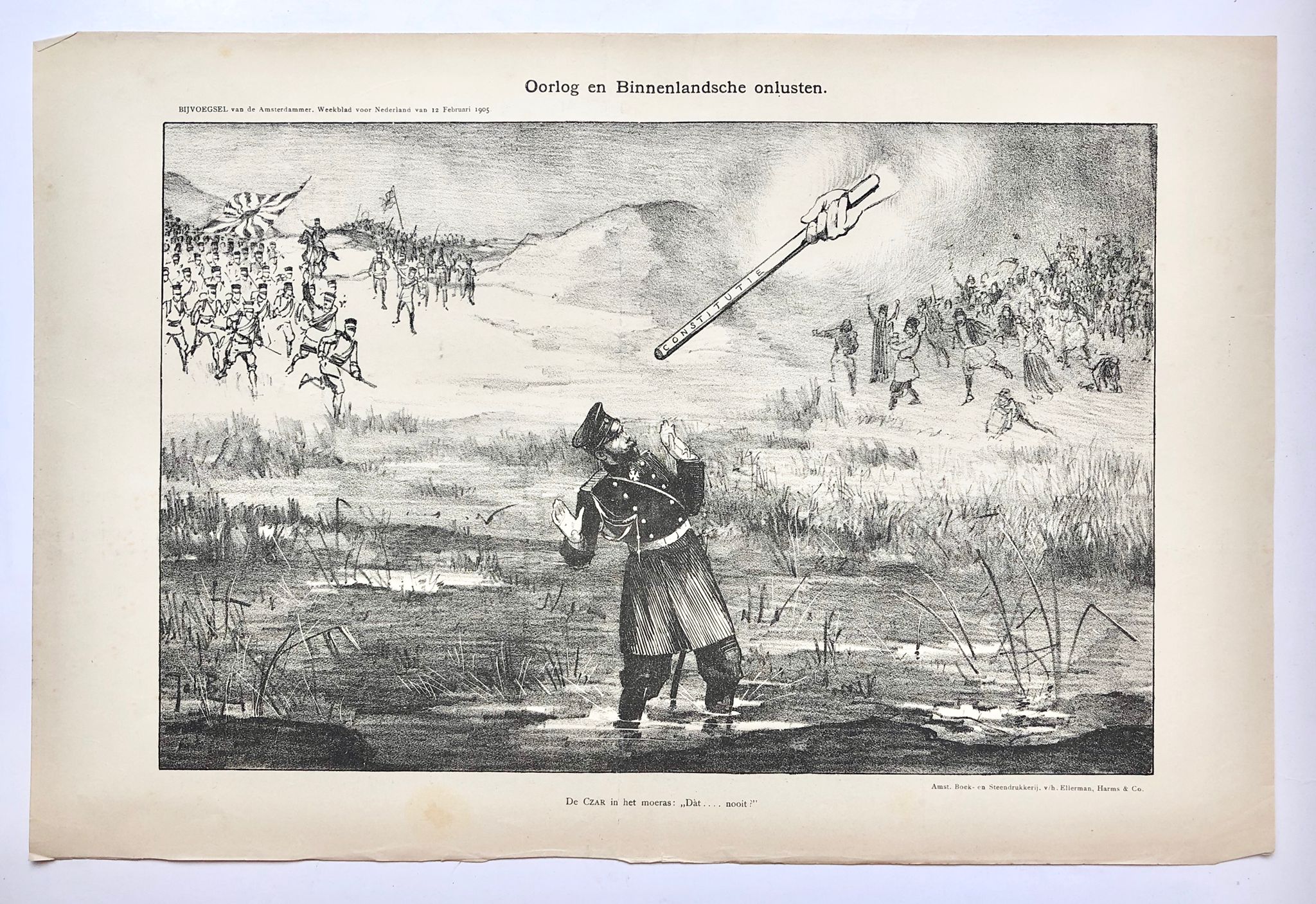Braakensiek, Johan (1858-1940) - [Original lithograph/lithografie by Johan Braakensiek] Oorlog en Binnenlandsche onlusten, 12 Februari 1905, 1 pp.