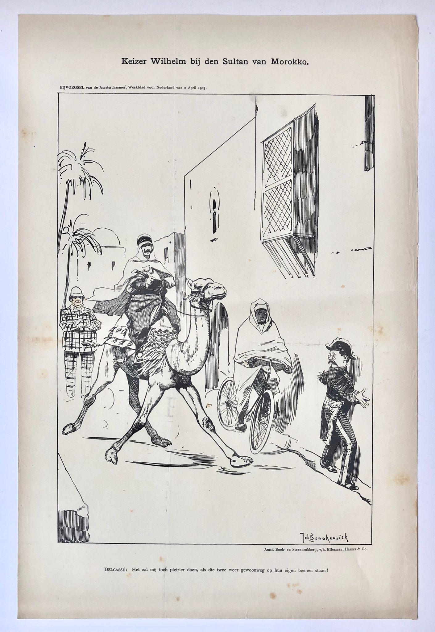 [Original lithograph/lithografie by Johan Braakensiek] Keizer Wilhelm bij den Sultan van Morokko (Marokko), 2 April 1905, 1 pp.