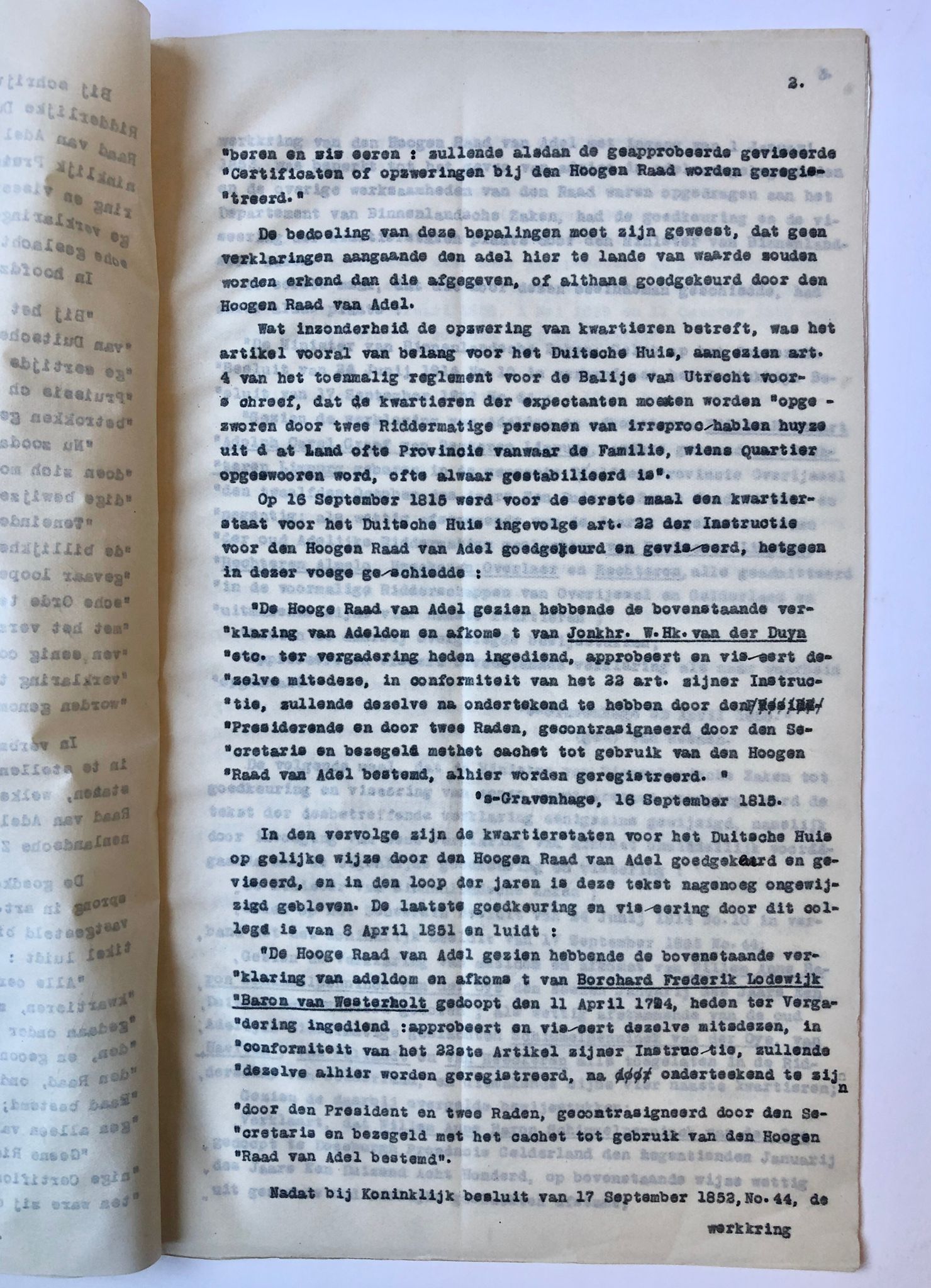 [Typed document, nobility, German, Prussian, 1927] Getypt artikel 'Goedkeuring en viseering van kwartierstaten voor het Duitsche huis', door W.A. Beelaerts van Blokland, 1927, 11 pag.