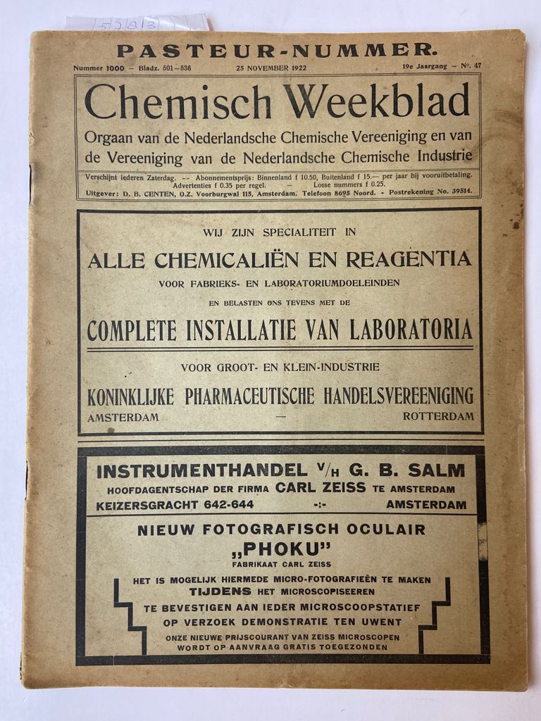 Pasteur-nummer van Chemisch Weekblad dd. 25-11-1922, pp. 501-536, geïll.