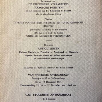 [Sale catalogue The Hague 1934] Catalogus van prenten, portretten en teekeningen, o.a. uitgebreide verzameling Haagsche Prenten uit het kantoor der Fa. Scheurleer & Zn, Benevens Antiquiteiten, bij Van Stockum's Antiquariaat, 's-Gravenhage 1934, 26 pp.