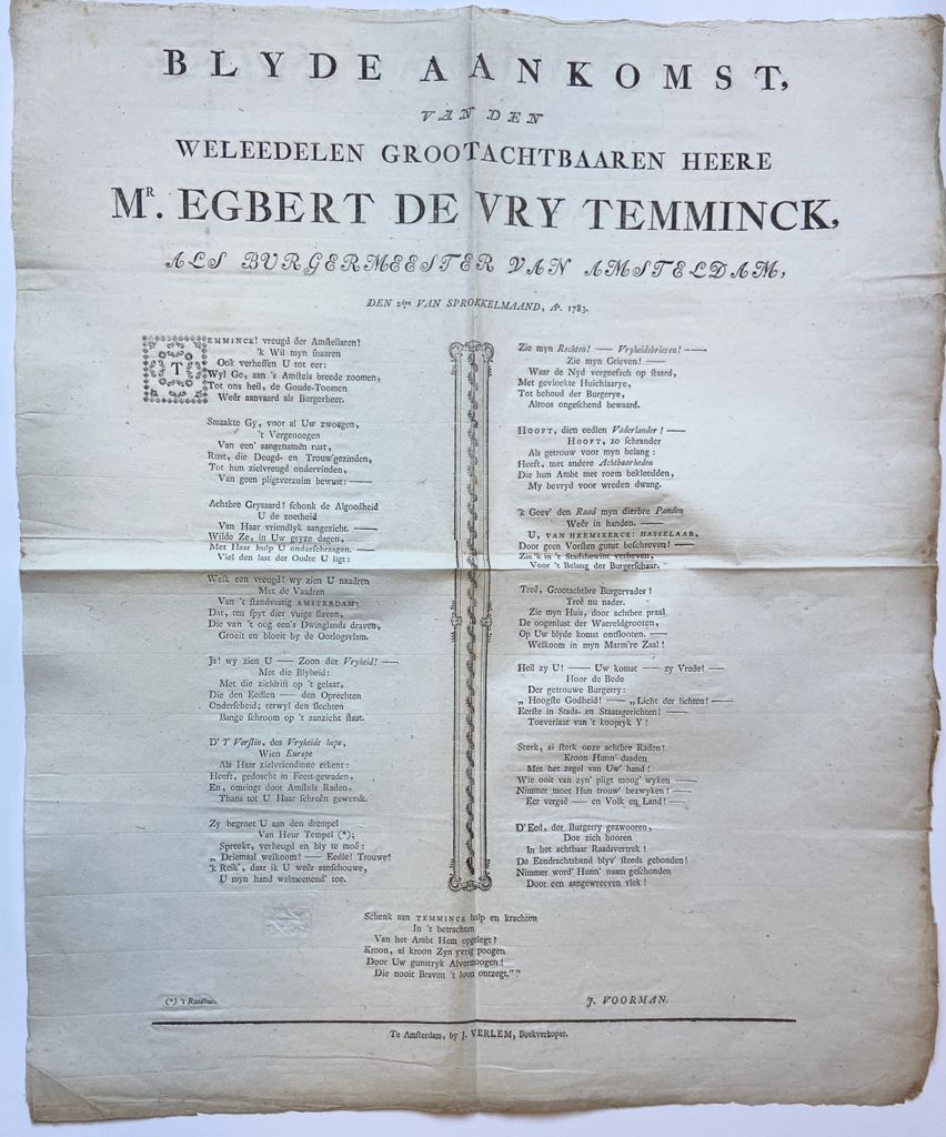 - [Printed publication 1783] Blyde aankomst van ... Mr. Egbert De vry temminck als burgermeester van Amsteldam, den 2den van sprokkelmaand Ao 1783. Amsterdam, J. Verlem. Plano.