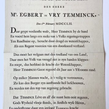 [Printed publication 1752] Op het tweede burgermeesterschap [van Amsterdam] van ... Mr. Egbert De vry temminck, den 1sten february 1752. Amsterdam, Th. Crajenschot. Plano.