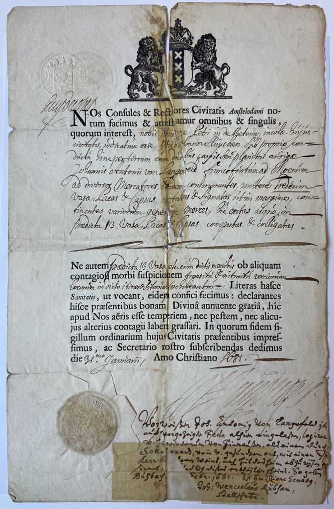 [Passport 1681] KOOPMANSGOEDEREN AMSTERDAM-FRANKFURT, in de BETOUW, SLUYSKEN--- Paspoort afgegeven door het stadsbestuur van Amsterdam (getekend Huydecoper?) dd. 31-1-1681, op verzoek van Peter in de Betouw, inwoner van Amsterdam. Gedeelteli