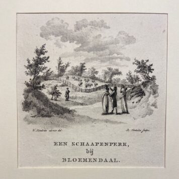 [Antique Copperengraving, 1801] Een Schaapenperk, bij Bloemendaal, Voornaam geklede mensen kijken uit over een schapenfokkerij bij Bloemendaal, 1801, 1 p.