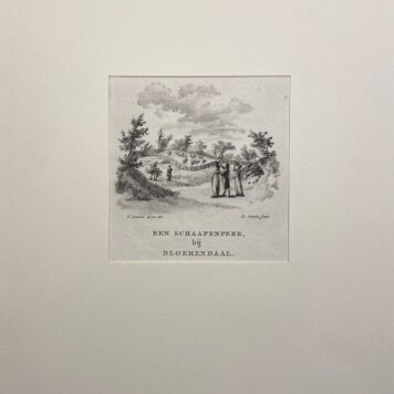 [Antique Copperengraving, 1801] Een Schaapenperk, bij Bloemendaal, Voornaam geklede mensen kijken uit over een schapenfokkerij bij Bloemendaal, 1801, 1 p.