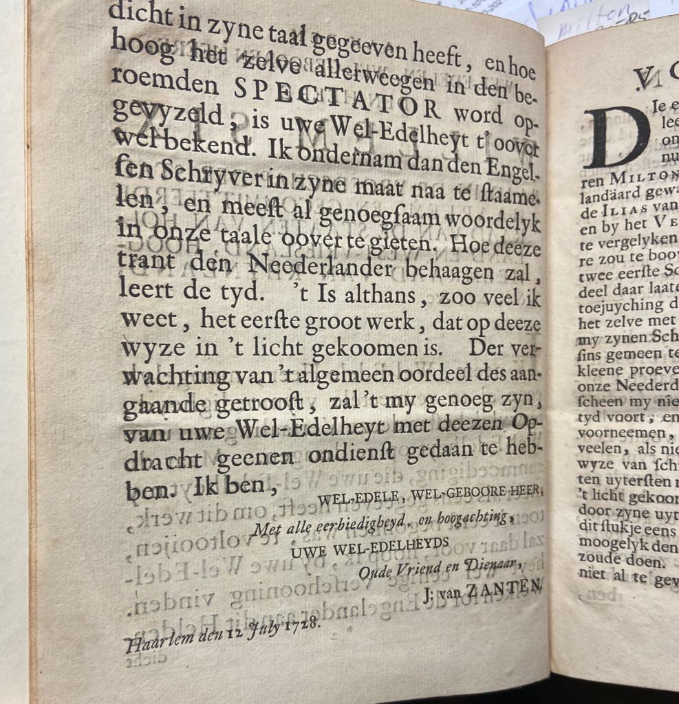 Paradys verlooren. Heldendicht in tien boeken. Vertaald uit het Engels. Haarlem, Geertruyd van Kessel, 1728.