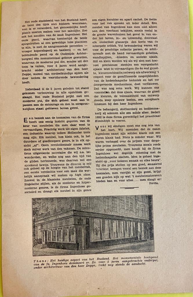 [Newspaper article, 20th century] Overdruk van een krantenartikel, begin 20e eeuw, betr. de fa. Ingenhoes, Rusland 5 te Amsterdam, gedrukt, 2 pag., geïll.
