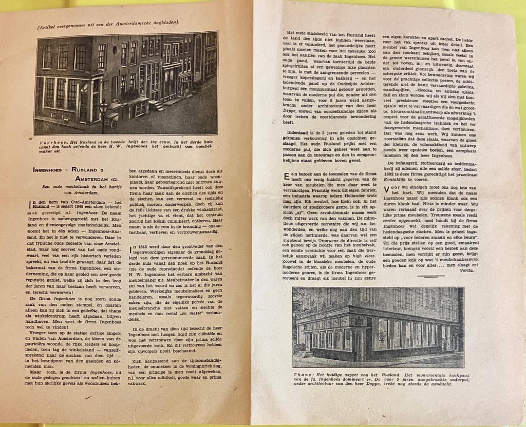 [Newspaper article, 20th century] Overdruk van een krantenartikel, begin 20e eeuw, betr. de fa. Ingenhoes, Rusland 5 te Amsterdam, gedrukt, 2 pag., geïll.