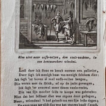 [Individual emblem from a book] Christelijcke bedenckingen: men vint meer voss-vellen, dan ezels-vachten, in een bontwerckers winckel. About a bontwerker, furrier, 1 p.