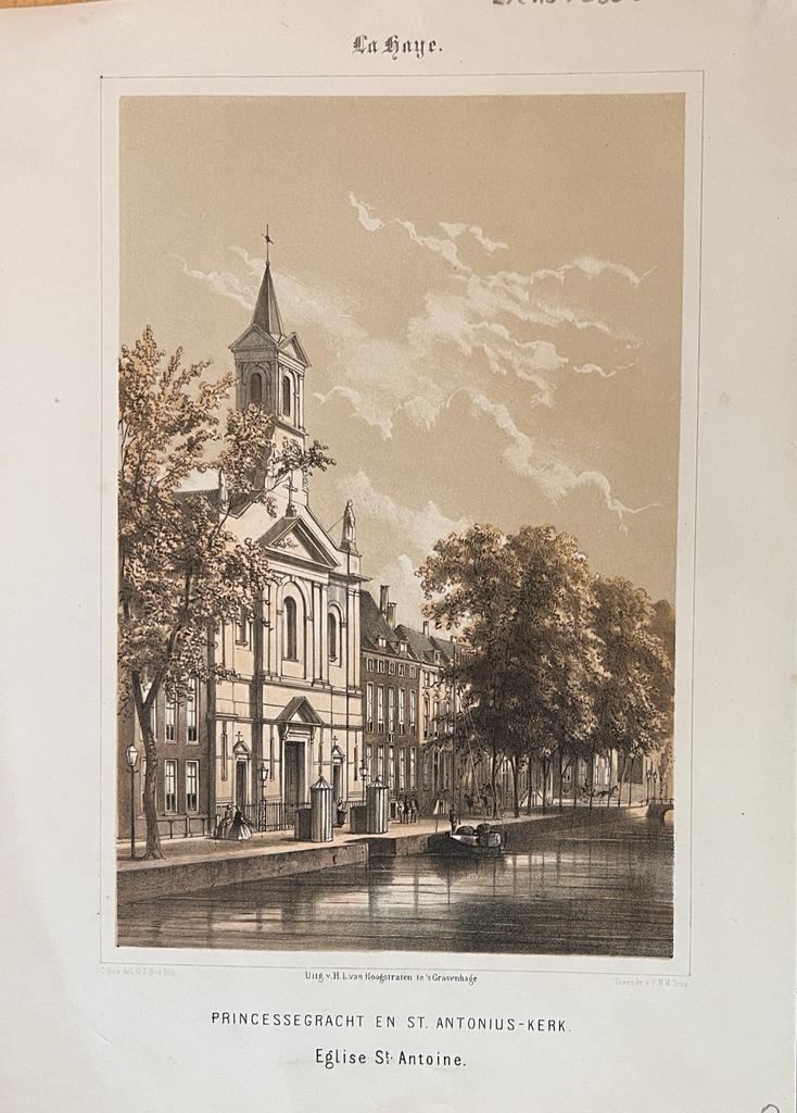 [Lithography The Hague 1860] Lithografie Den Haag: Princessegracht en St. Antonius-kerk/Eglise St. Antoine, 1 p. published ca 1860.