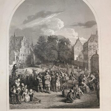[Lithography The Hague, Het Lange Voorhout] Lithografie Het Lange Voorhout with playing kids and manu people in costume, 1. p.