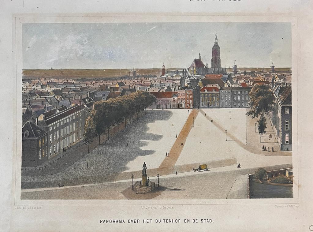 [Handcolored lithography, The Hague Buitenhof] Panorama over het buitenhof en de stad, 1 p., published ca 1860.
