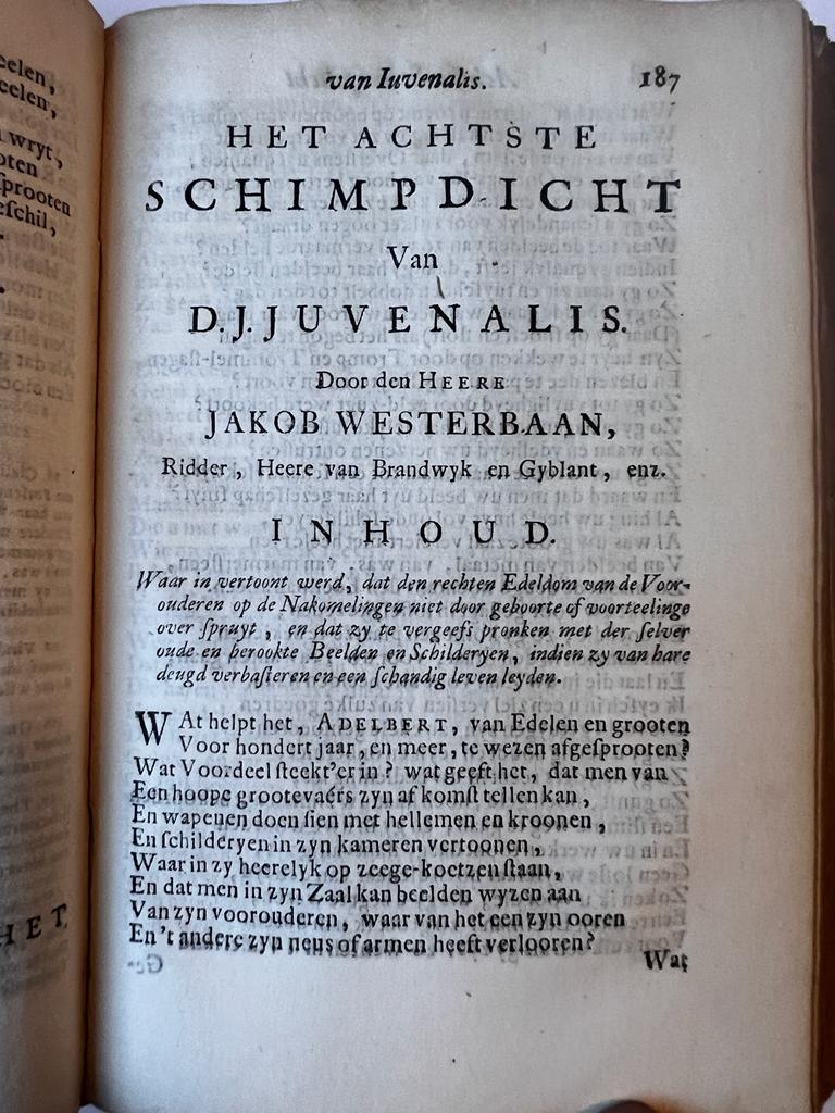 Alle de schimpdichten van Decius Junius Juvenalis en A. Persius Flaccus, door verscheide dichteren in Nederduitse vaarzen overgebracht. Haarlem, Wilhelmus van Kessel, 1709.