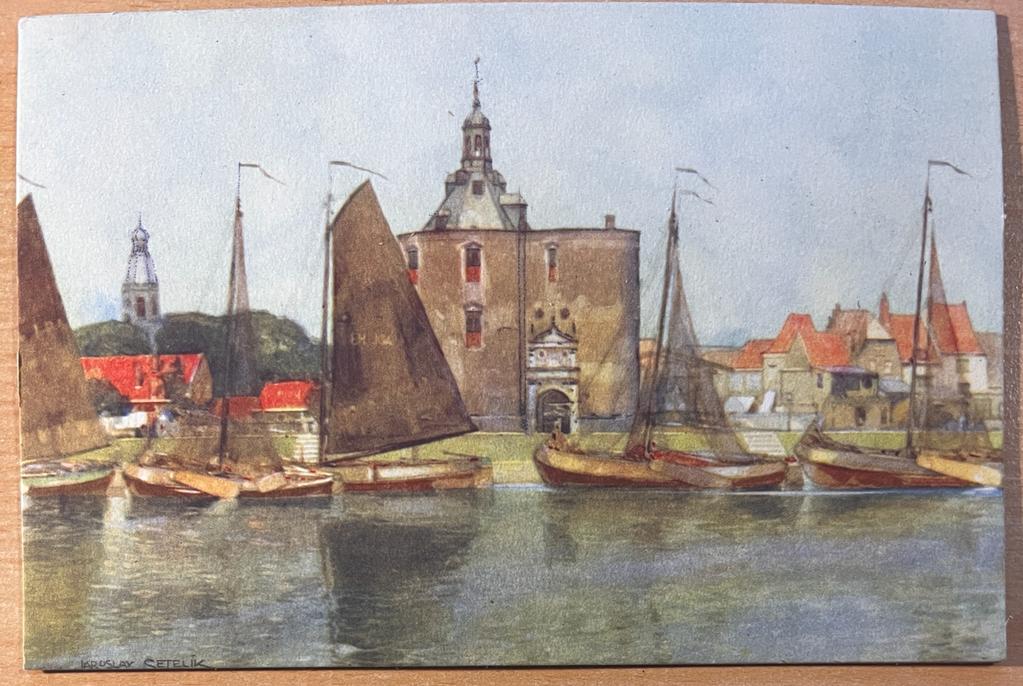 [Antique Postcard Enkhuizen] Antieke ansichtkaart naar aquarel van J. Setelik van Enkhuizen, 10 x 15 cm.