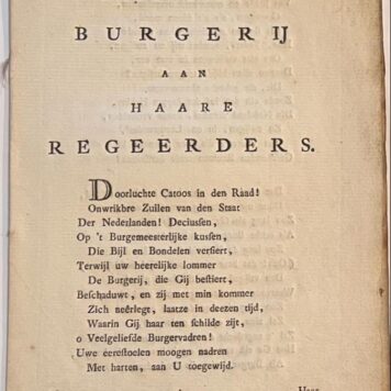 [Dordrecht, Poem, [s.d.], Rare] Dordrechts burgerij aan Haare Regeerders, Dordrecht [s.d.], 5 pp.