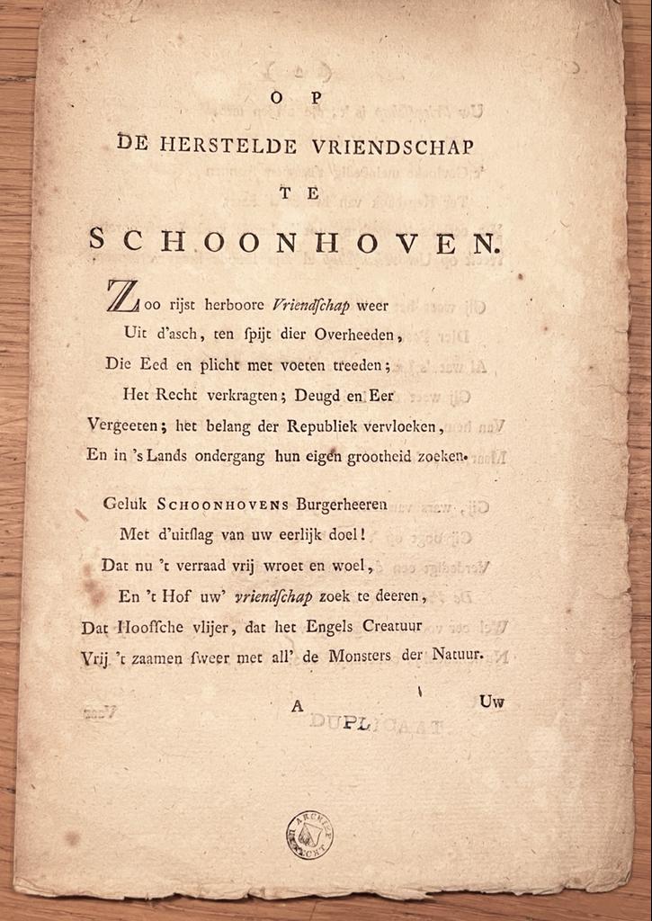 [Schoonhoven, poem, [1783?], Rare] Op de herstelde vriendschap te Schoonhoven, [s.l. s.d.], 4 pp.