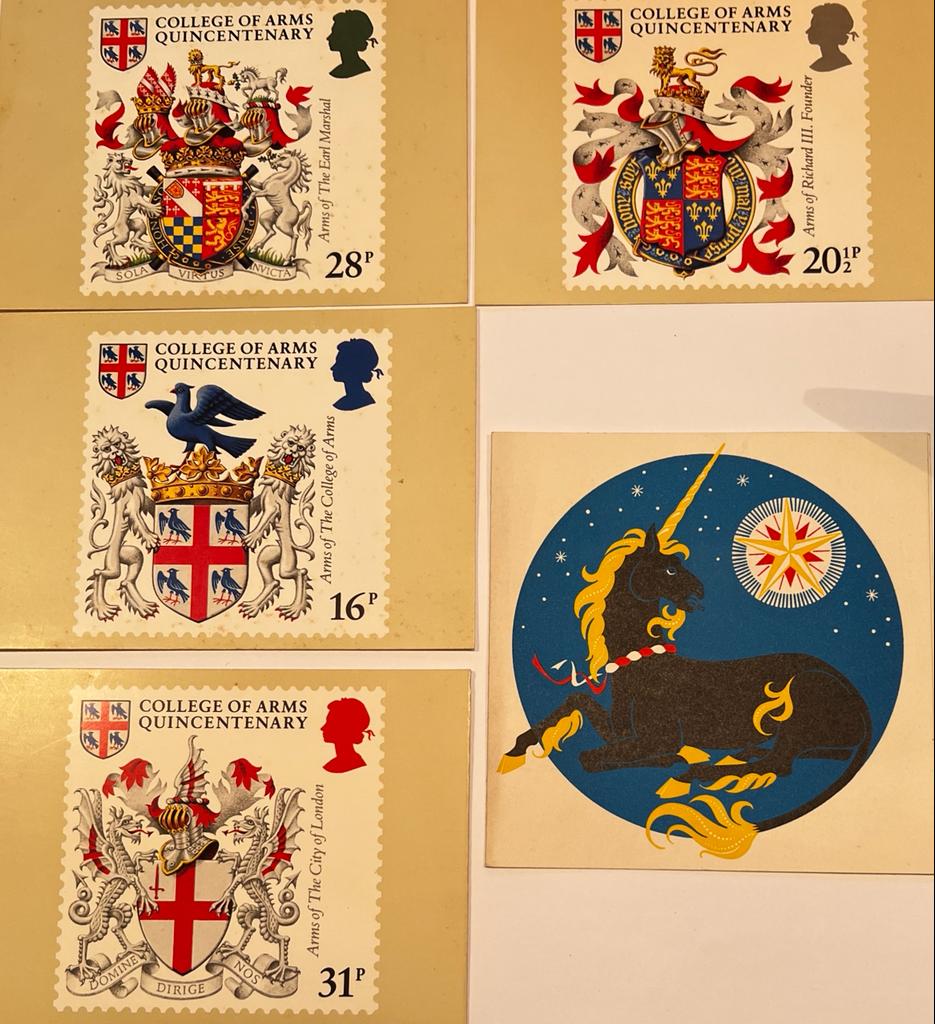 [Five postcards, heraldry, coat of arms] Four Postcards of College of Arms Quincentenary and one christmas card designed by Jack Verhoeven published by the Heraldry Society.