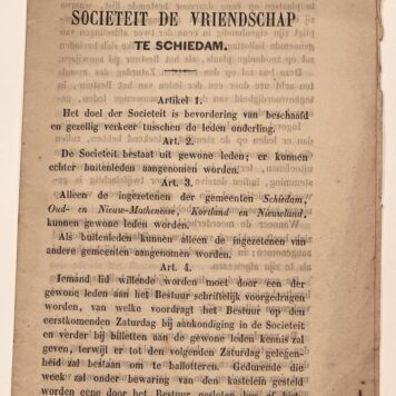 [Legal, 1851, Schiedam] Reglement voor de eigenaren der vereeniging De Vriendschap, vastgesteld den 11. September 1851, (eerste reglement mét namen), P. J. van Dijk, Schiedam, 1851, 15 pp.