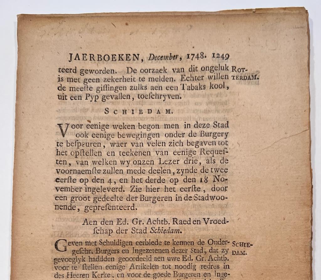 [History, Schiedam, 1748] Pages on Schiedam from Nederlandsche jaerboeken, inhoudende een verhael van de merkwaerdigste geschiedenissen, die voorgevallen zyn binnen den omtrek der Vereenigde Provintien, sederd [...] MDCCXLVII. Eerste deel, p. 1249-1274.