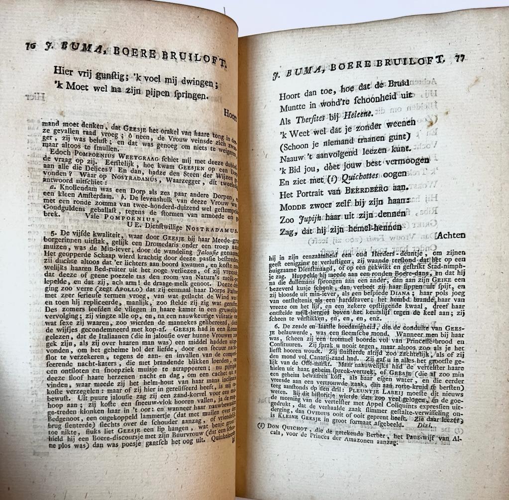 [Satirical book, Frisia, Friesland] Boere bruiloft, of Het huwelyk van Moddeworst en Griet Beerdberg. Met geschiedkundige aanmerkingen. Te Knollendam, Ten dienste der bruilofts-gasten. [Leeuwarden, [z.n.], 1767, [2]+[16]+456 pp.