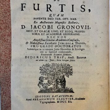 [Dissertation, 1711] Disputatio juridica inauguralis de furtis Leiden A. Elzevier 1711