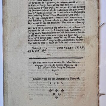 [Patriots, Patriotten, 1786, Batavian Republic, 1786, Rare] Iets voor de nieuwbakken Patriotten, te Sluipwyk en Reeuwyk, 1786, 8 pp.