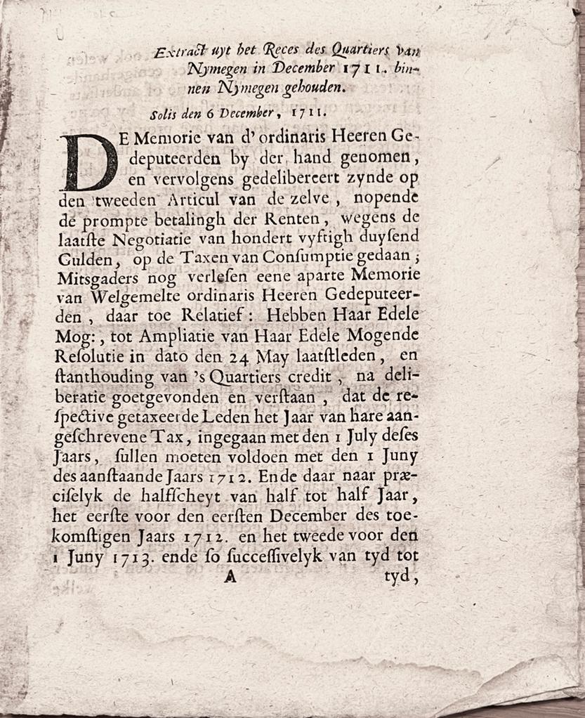 [Pamphlet, Nijmegen, 1731] Extract uit het Reces des Quartiers van Nymegen in Decemver 1711, binnen Nymegen gehouden, Solis den 6 December, 1711, by Sweerus van Goor, Te Nymegen, 1731, 4 pp.