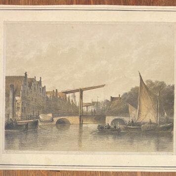 [Antique print, lithography Alkmaar] View of Alkmaar with bridge and boats. 16,5 x 21 cm, published 19th century.