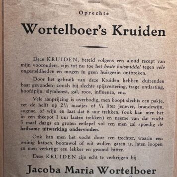 [Brochure Alternative Medicine] Wacht u voor namaak! Oprechte Wortelboer's Kruiden van Jacoba Maria Wortelboer, Oude pekela, Holland.