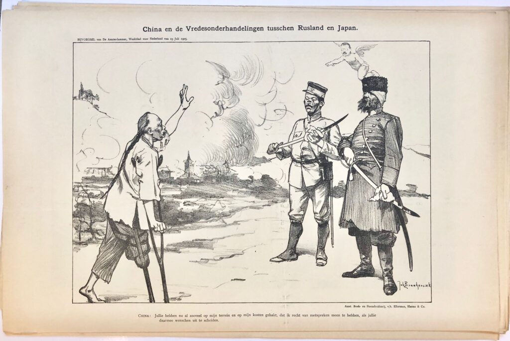 [Original lithograph/lithografie by Johan Braakensiek] China en de Vredesonderhandelingen tusschen Rusland en Japan, 23 Juli 1905, 1 pp.
