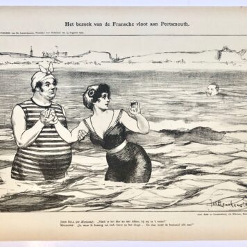 [Original lithograph/lithografie by Johan Braakensiek] Het bezoek van de Fransche vloot aan Portsmouth, 13 Augustus 1905, 1 pp.