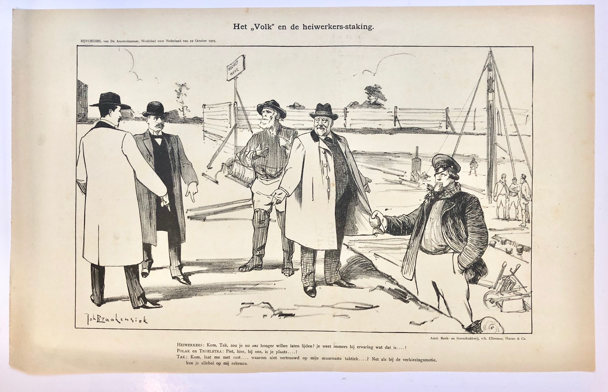 Braakensiek, Johan (1858-1940) - [Original lithograph/lithografie by Johan Braakensiek] Het Volk en de heiwerkers-staking, 22 October 1905, 1 pp.