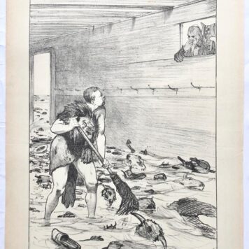 [Original lithograph/lithografie by Johan Braakensiek] Herakles-Roosevelt reinigt den Augiasstal van den vleeschkoning Armour, 17 Juni 1906, 1 pp.