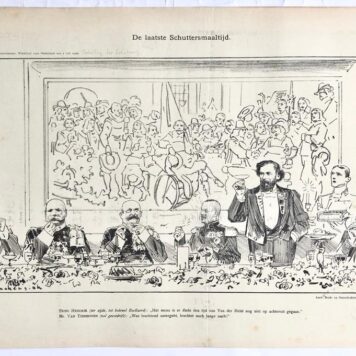 [Original lithograph/lithografie by Johan Braakensiek] De laatste Schuttersmaaltijd, 1 Juli 1906, 1 pp.