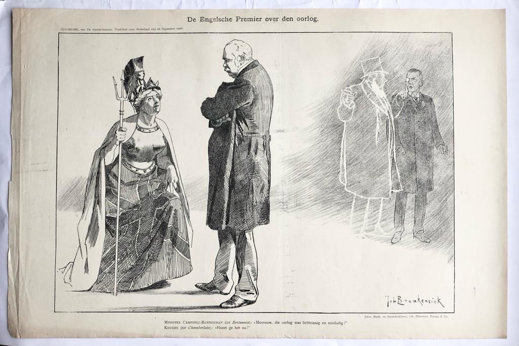 [Original lithograph/lithografie by Johan Braakensiek] De Engelse Premier over den oorlog, 16 September 1906, 1 pp.