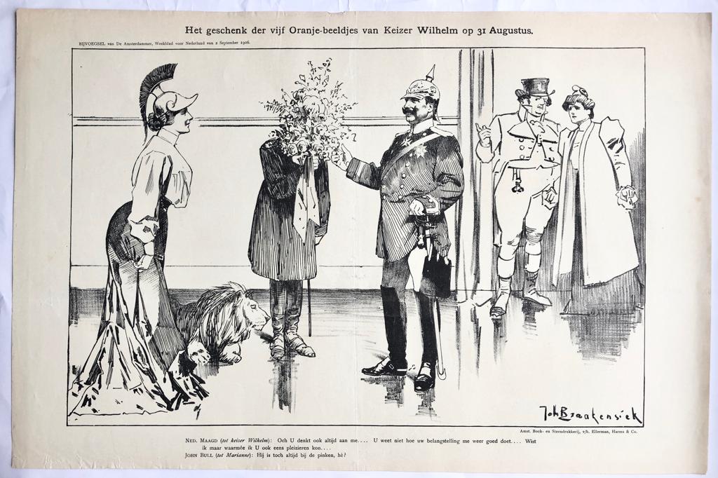 [Original lithograph/lithografie by Johan Braakensiek] Het geschenk der vijf Oranje-beeldjes van Keizer Wilhelm op 31 Augustus 1906, 2 September 1906, 1 pp.