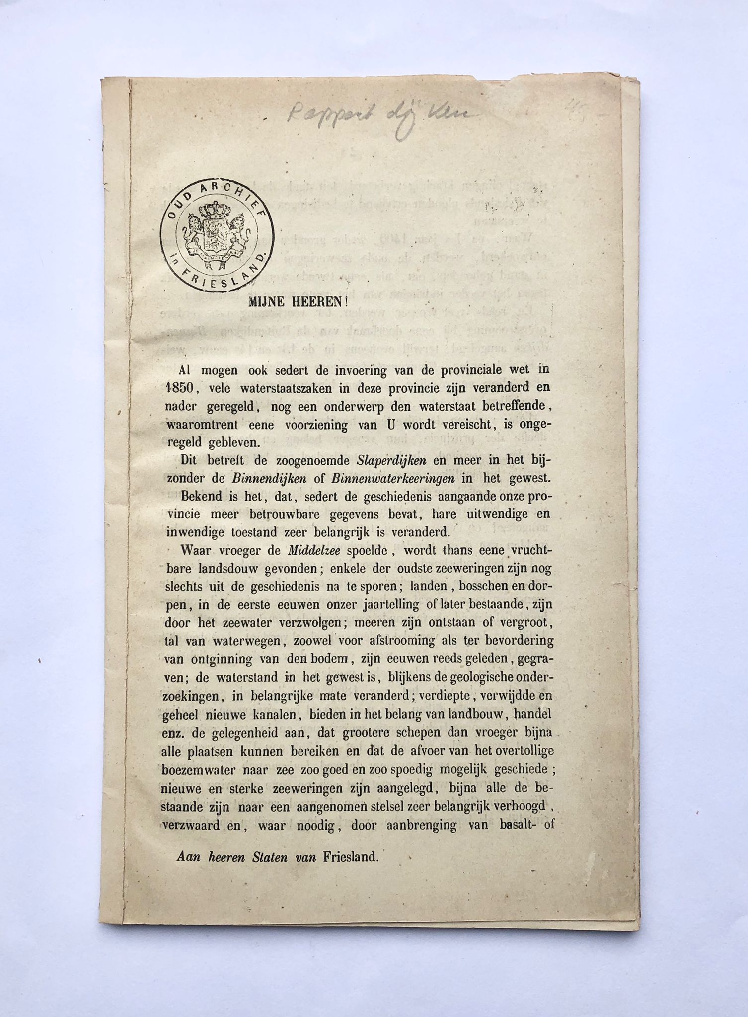 [Friesland, before 1900?] Rapport dijken, Aan heeren Staten van Friesland, 27 pp.