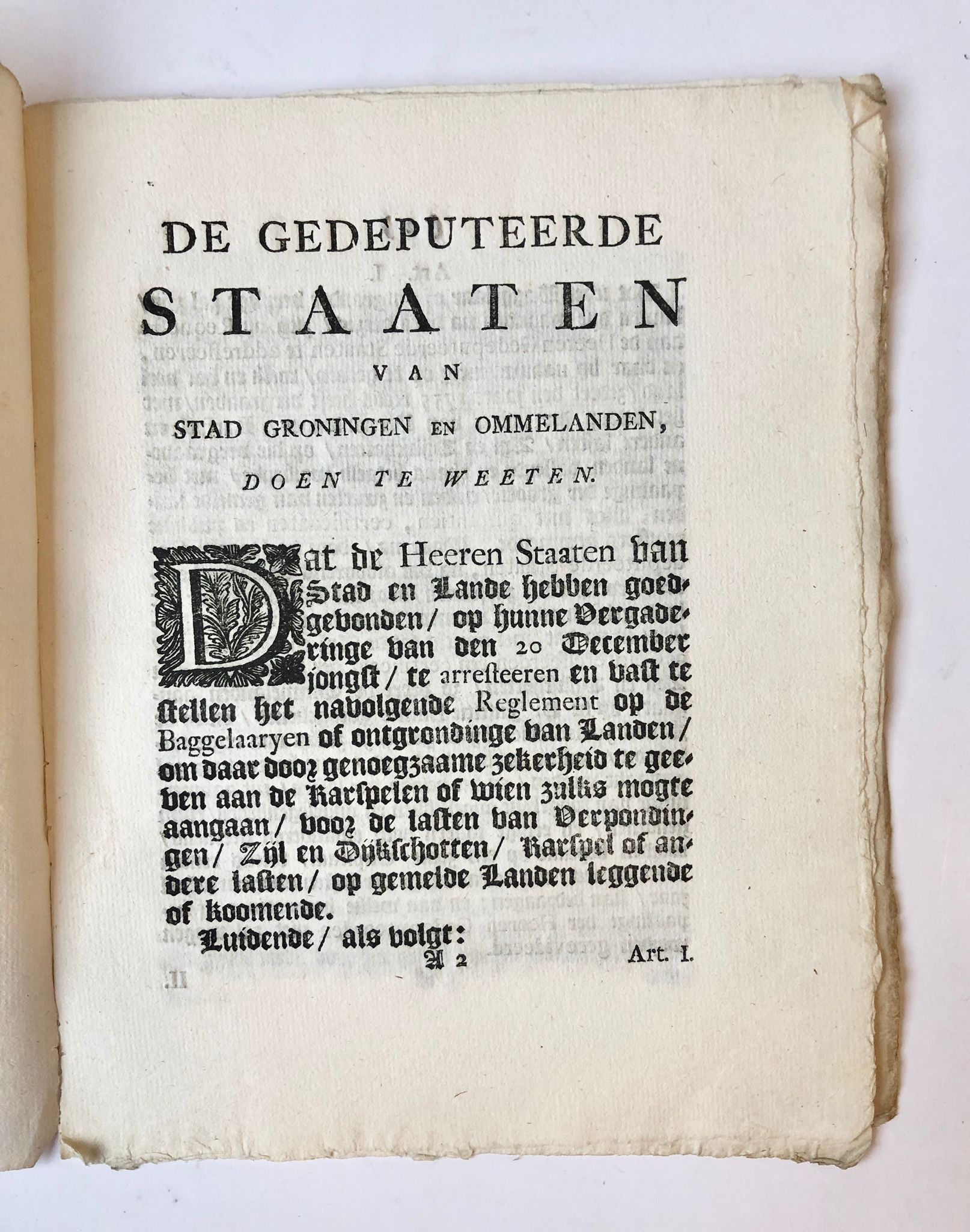 [Groningen, Baggeren, dredging 1772] Reglement op de Baggelaaryen of ontgrondige van Landen in de Provincie van Stad en Lande, by Jacob Bolt, Te Groningen, 1772, No. 48, 6 pp.