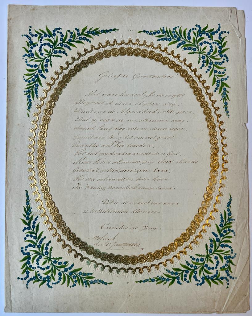 [Nieuwjaarswensch / New Year Wishes, 1862] Nieuwjaarswens van Cornelus de Jong aan grootouders, d.d. Stolwijk 1-1-1862, 4 p. Calligraphy, gold decorated oval.