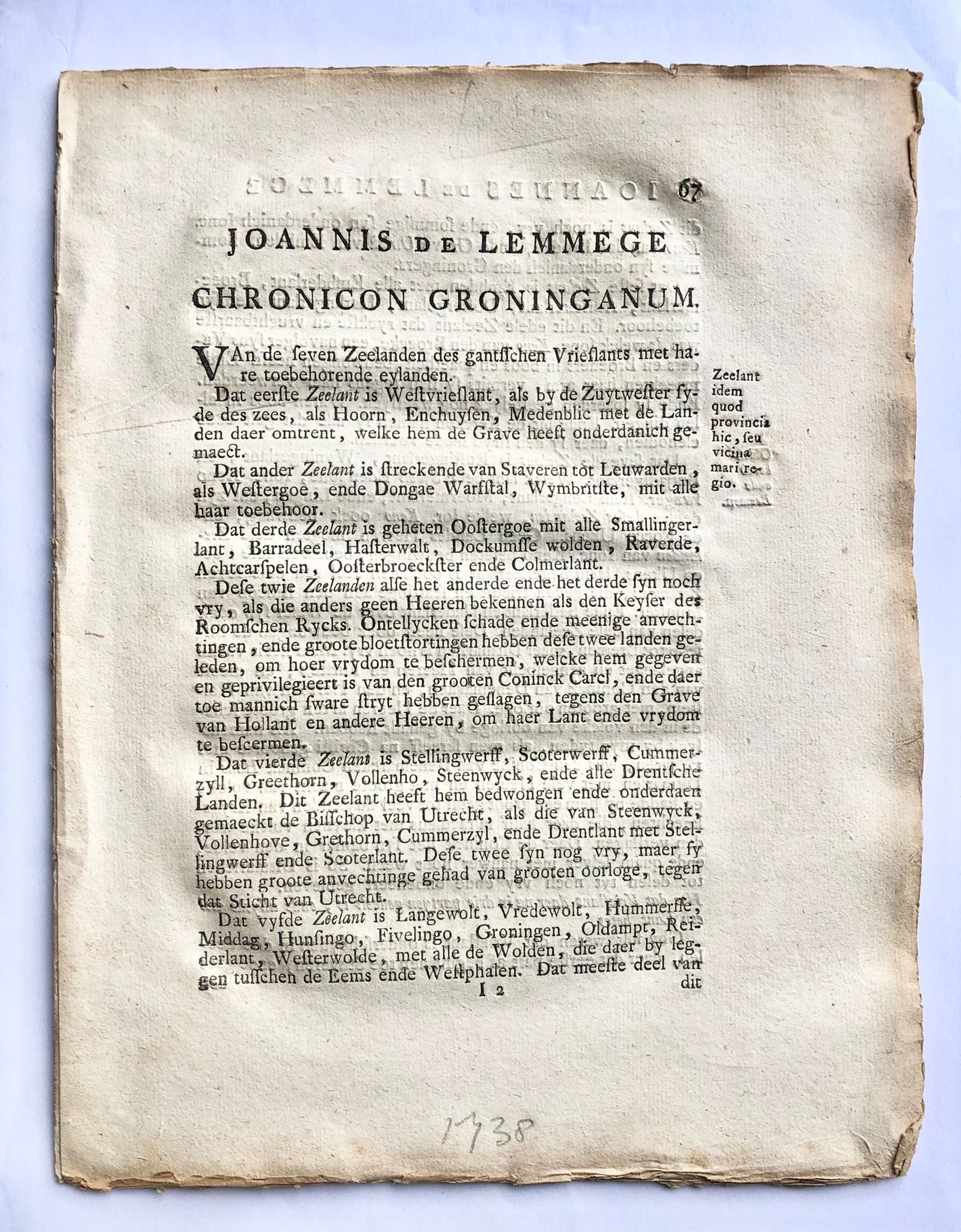 [Groningen, [1738]] Joannis de Lemmege Chronicon Groninganum, pp 67 - 86 (from: Veteris aevi analecta, 1738).