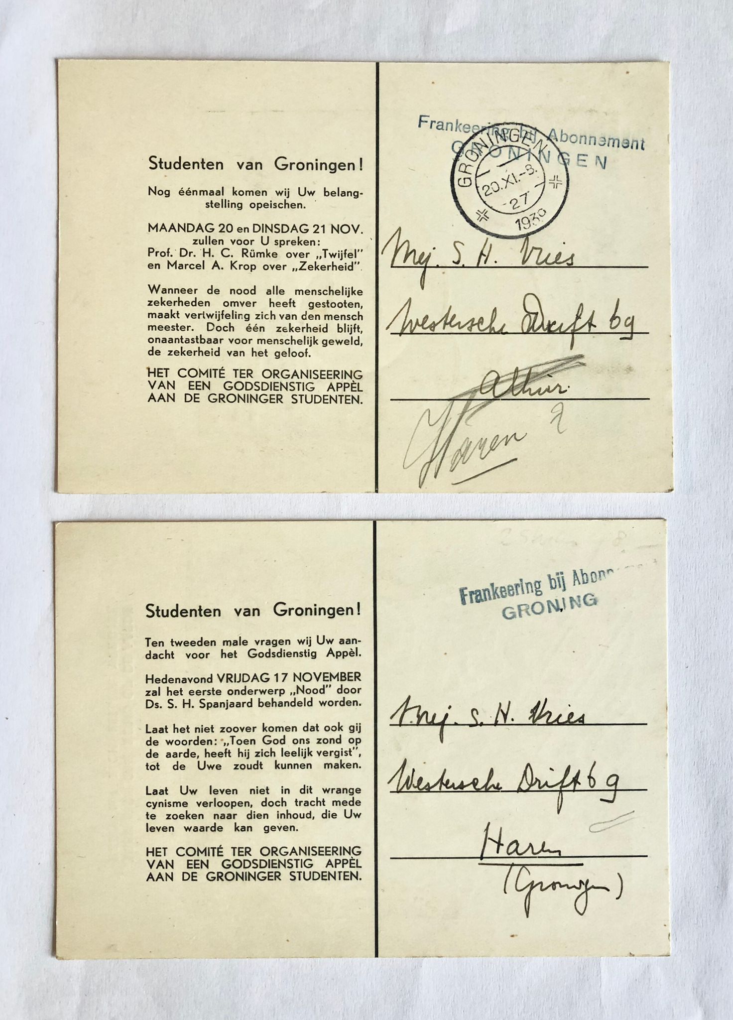 [Groningen] Twee ansichtkaarten gestuurd naar S. N. de Vries (Westersche Drift 69 Haren, Groningen), aan de Studenten van Groningen door het comité van een godsdienstig appèl, 1930.