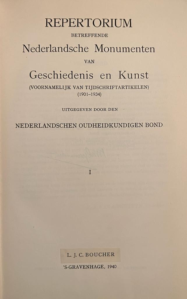 Repertorium betreffende Nederlandsche monumenten van geschiedenis en kunst (voornamelijk tijdschriftartikelen). 4 dln: 1901-1934; 1935-1940; 1941-1950; 1951-1960. 's-Gravenhage 1940-1971. Geb.; 582, 294, 492, 263 p.