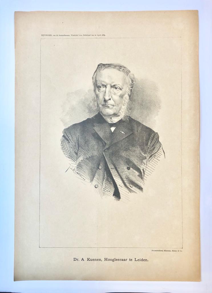 [Original lithograph/lithografie by Johan Braakensiek] Dr. A. Kuenen, Hoogleeraar te Leiden, 21 April 1889, 1 pp.