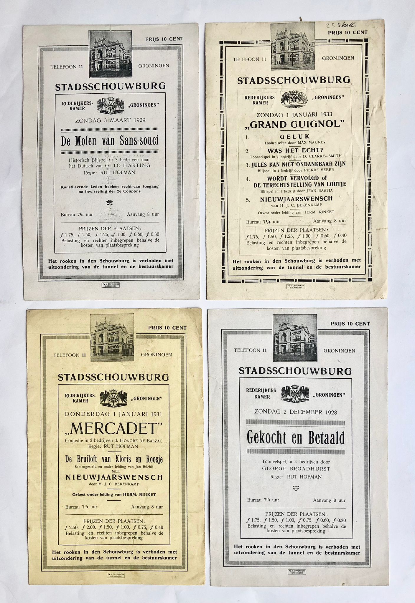 [Groningen, Theatre] 22 programms of Stadsschouwburg Groningen, 1923-1939 (2 pp each).